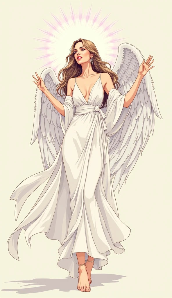 Very beautiful woman angel, Angel Halo, whole body, Cel Shading, Bold outline, Flat Color, Sharp Shadow, Graphic Style, (Manga influence:1.3), Beautiful line drawing, Impressive visuals,comics