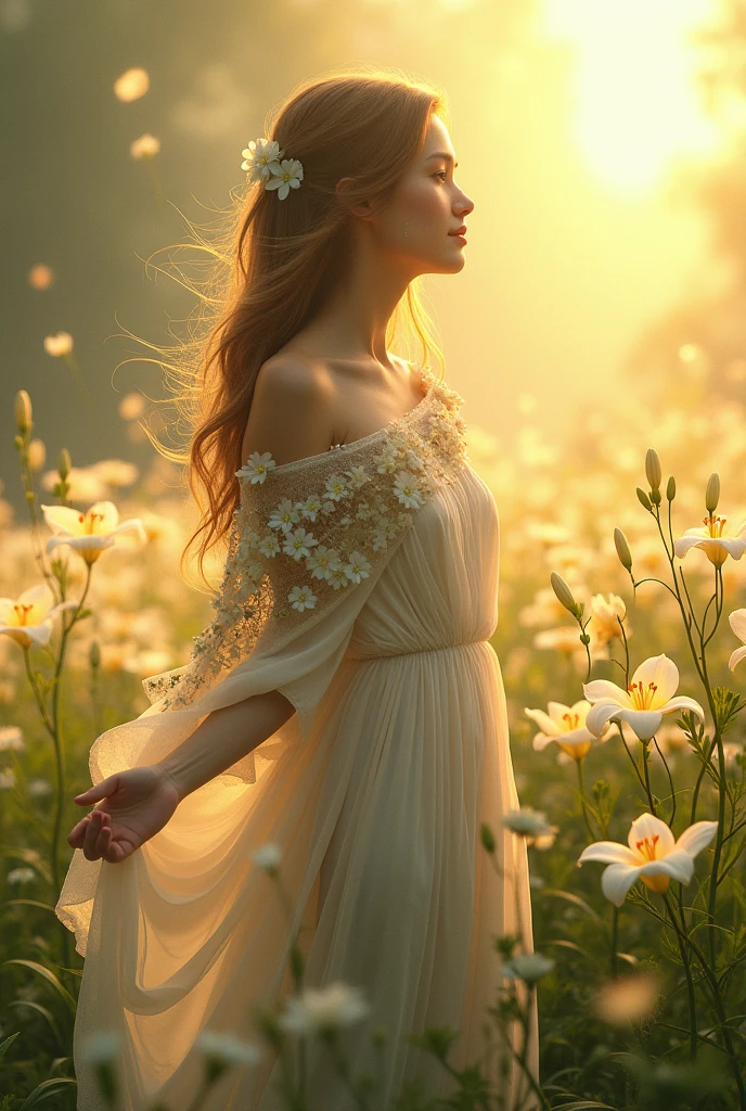 woman with Long hair, wearing long skirt, floral blanket in a field of lily flowers, warm sun.