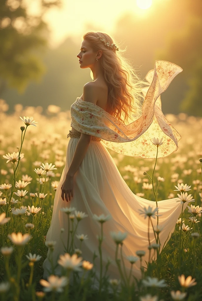 woman with Long hair, wearing long skirt, floral blanket in a field of lily flowers, warm sun.