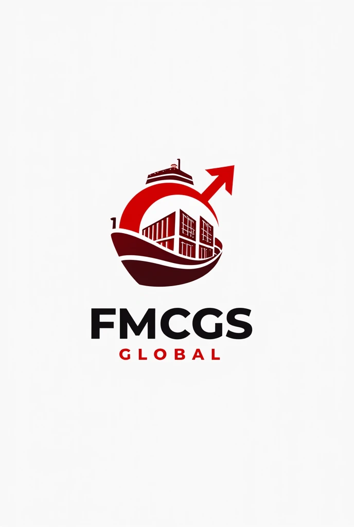 draw me an import export company logo with a container symbol, ship, arrow, Earth. Name: FMCGS GLOBAL, Main color: red white, professional creative style
