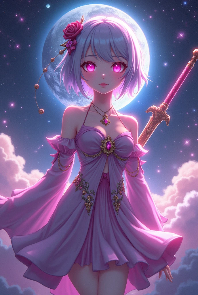 Make anime character with magenta eye and background seen is galaxy. With very beautiful outfit. Add swords in background