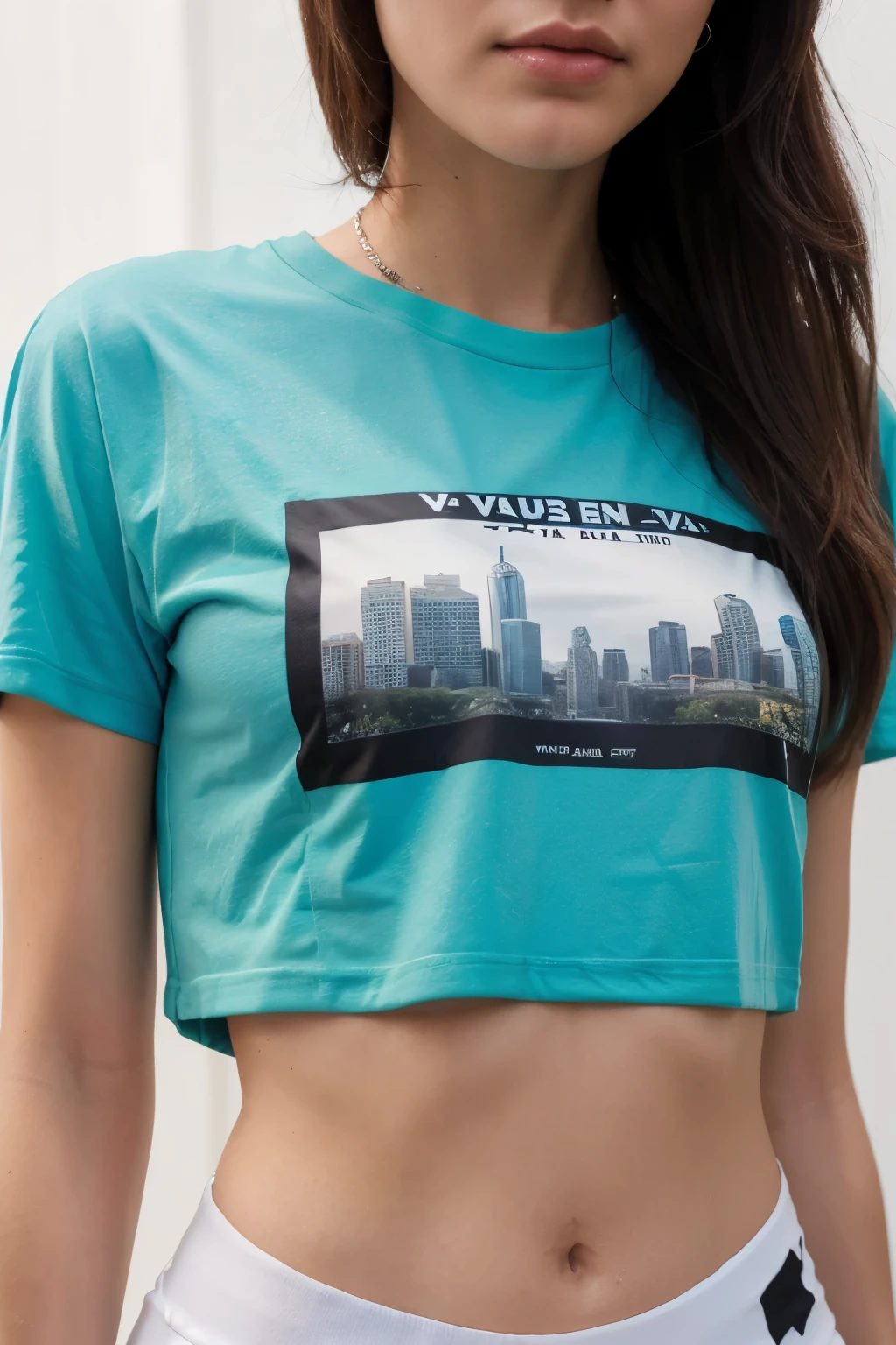 A close-up of a cropped T-shirt with VVS TOUR KENDALL YU printed on the right side