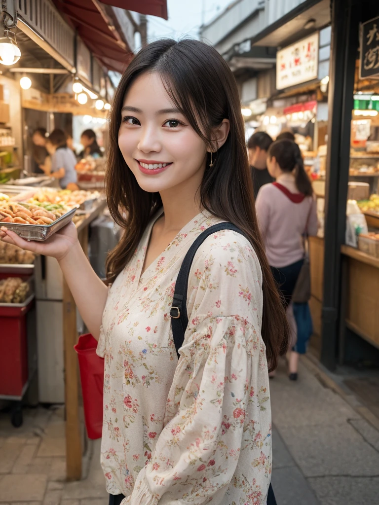 1girl, solo, highres, best_quality, masterpiece, detailed_background, intricate_details, beautiful, kanazawa, omicho_market, bustling, street_food, casual_clothes, smile, looking_at_viewer, dynamic_pose, natural_pose, candid, happy