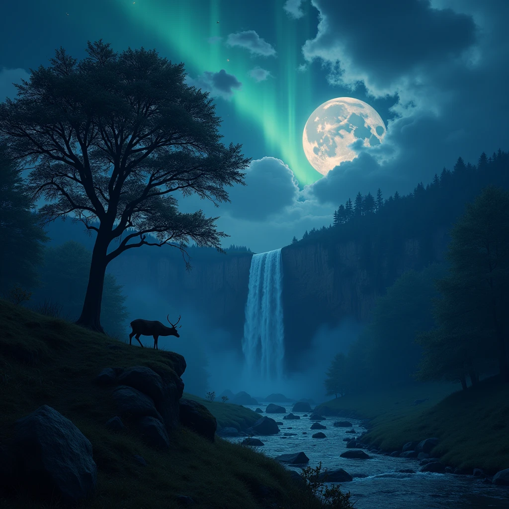 landscape, night, Sky, cloud, Dense forest, Beautiful waterfall, firefly, moonlight, aurora, Tree, black snake on Tree, Albino deer, (best quality,4K,8k,highres,masterpiece:1.2),ultra-detailed,(realistic,photorealistic,photo-realistic:1.37)