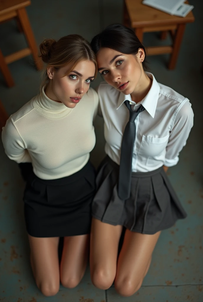 Realistic photo from above of two slim pretty Caucasian women in a British classroom. One is aged 21 and has light-brown hair in a bun and is wearing a tight plain-white cashmere sweater and a straight black miniskirt. The other is aged 18 and has short dark hair in a bob and is wearing an unbuttoned tight white shirt, a dark-grey tie, and a dark-grey pleated miniskirt. They are kneeling in the classroom, looking up to the camera. They both have both hands behind their backs. Their mouths are slightly open.