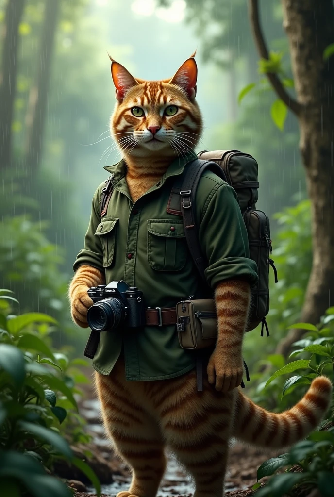 A tabby cat with a male body. Wear military-style clothing Dark green shirt, carrying a backpack, camera in hand. The backdrop is a rainforest.