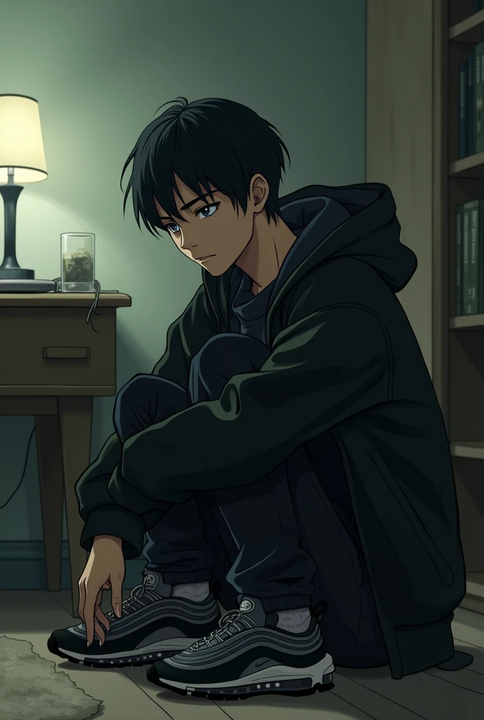 anime : boy smoking marijuana sitting alone in a home studio basic clothing, black kangaroo jacket, black jean, nike air max 97