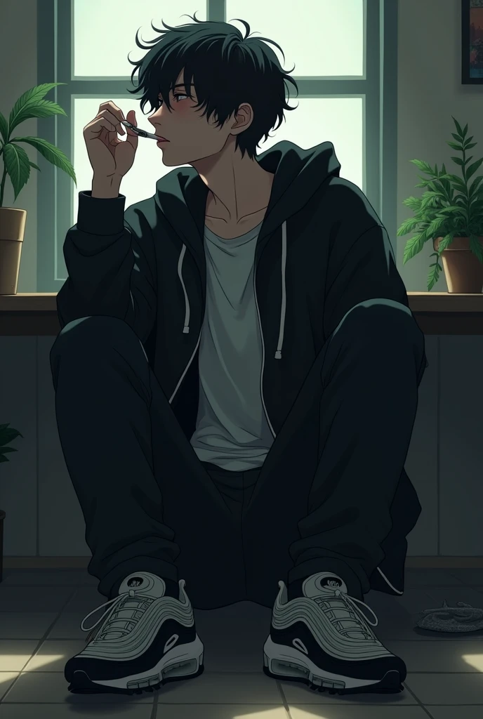 anime : boy smoking marijuana sitting alone in a home studio basic clothing, black kangaroo jacket, black jean, nike air max 97