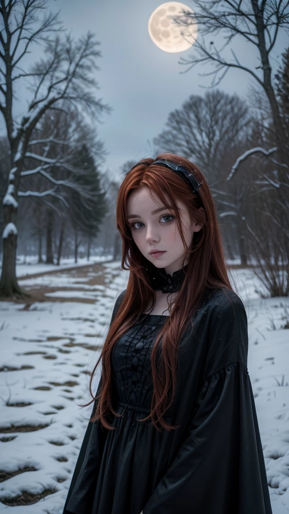 Gothic redhead girl, resting on the shore of an ancient tower, The full moon night, as the snow falls, with trees in the background