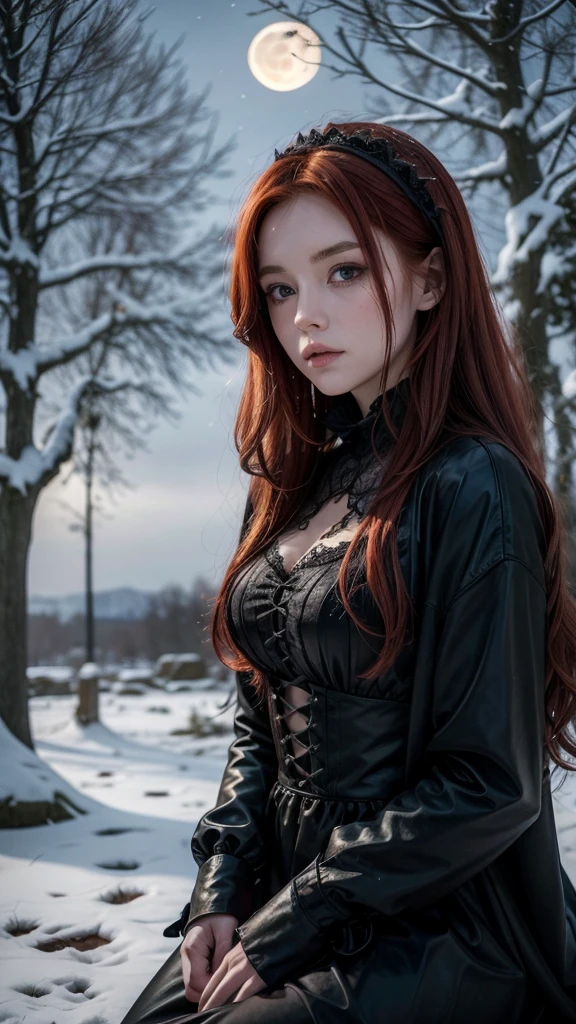 Gothic redhead girl, resting on the shore of an ancient tower, The full moon night, as the snow falls, with trees in the background