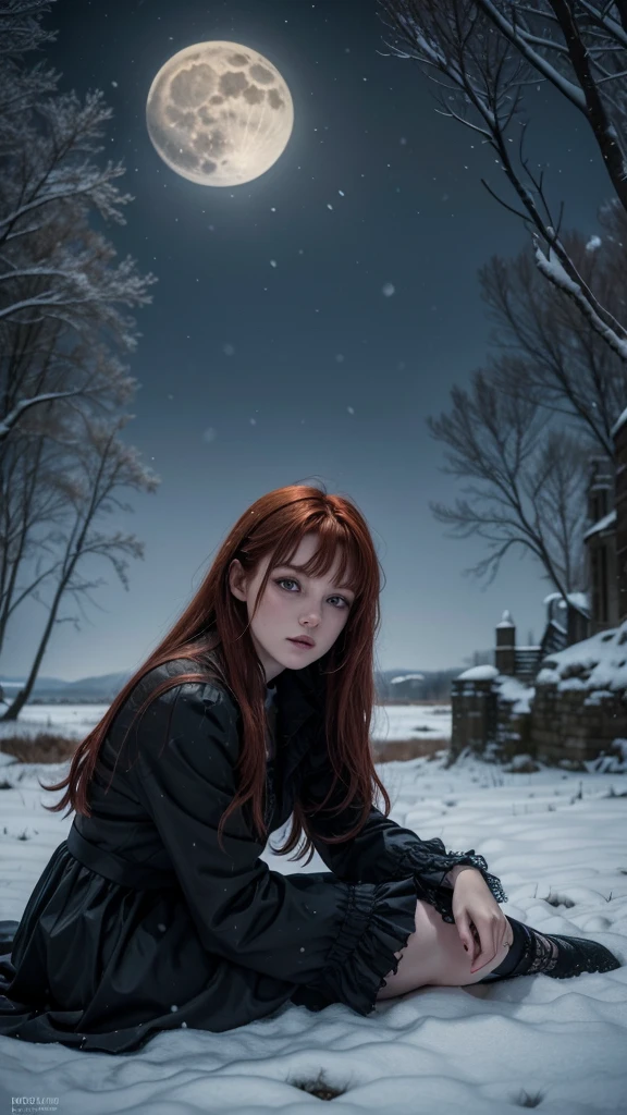 Gothic redhead girl, resting on the shore of an ancient tower, The full moon night, as the snow falls, with trees in the background 
