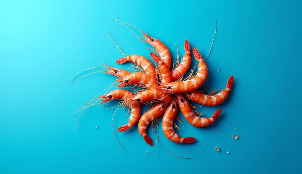 Create a horizontal banner image: 1920px and height: 1080px of dried shrimp in bright ocean blue, The banner image has a few small dried shrimps in the corner of the banner., pack. Bright ocean blue banner takes up most of the image area.