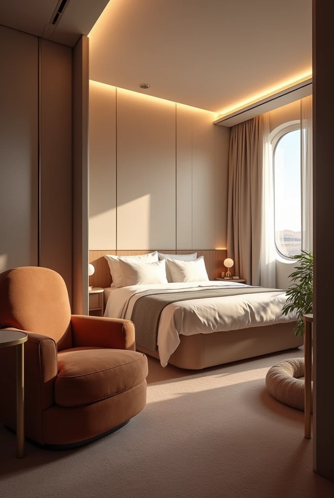 Generate an image of a simple room on an airplane that is a room with a bed Add a chair and a dog bed Make it more luxurious by adding a dog bed