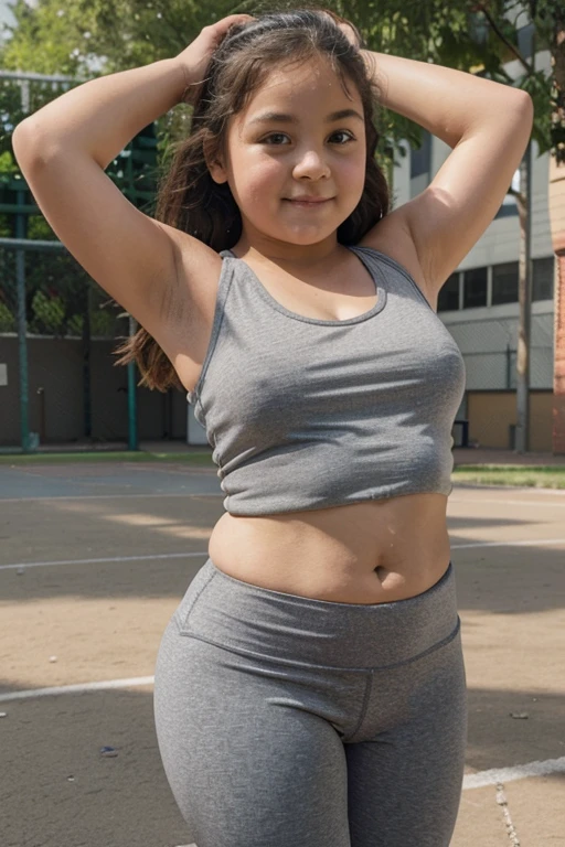  chubby at school, 10-years-old school girl, wearing gray leggings and a short tank top, Playing in the schoolyard, fully body, standing 