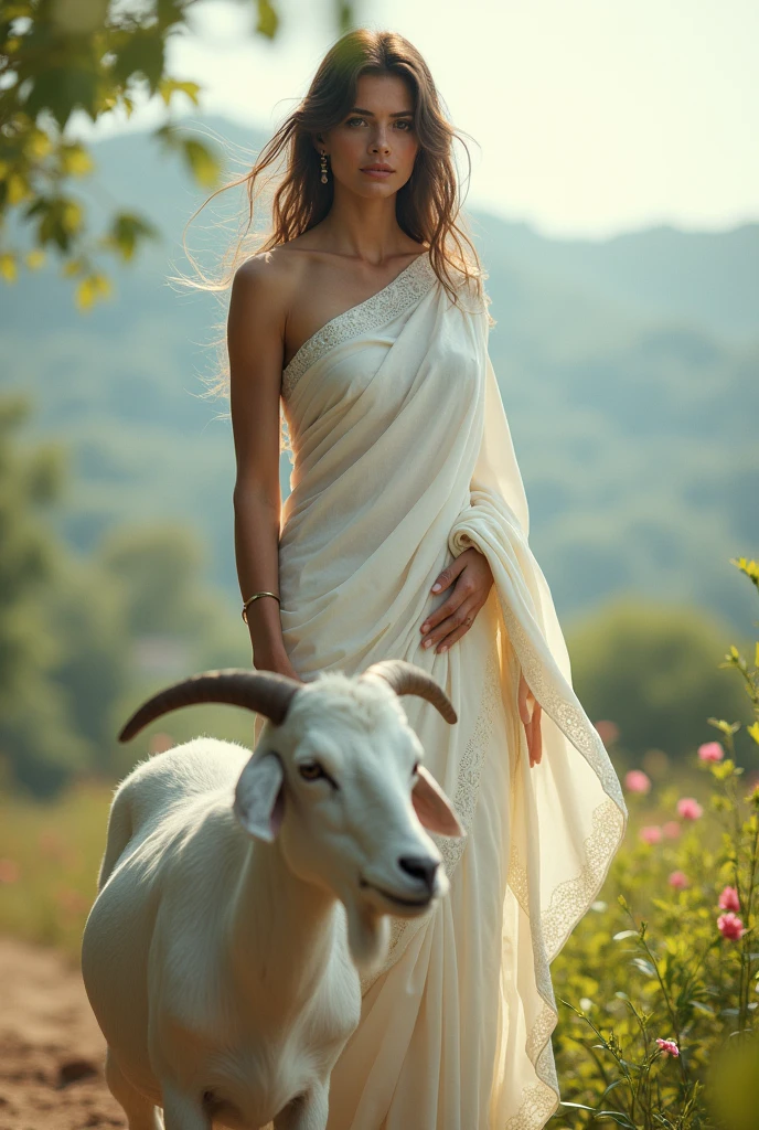 White saree women on goat
