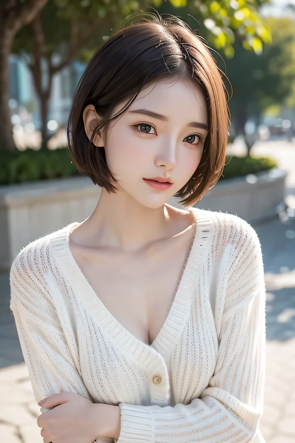 1girl, best quality, realistic, solo, depth of field, natural lighting, daytime, alluring, beautiful face, clean, pure face, pale skin, cute, short hair, beach, sunshine,flat chest, tiny breast, full body, ((sweater,beautfully face)),