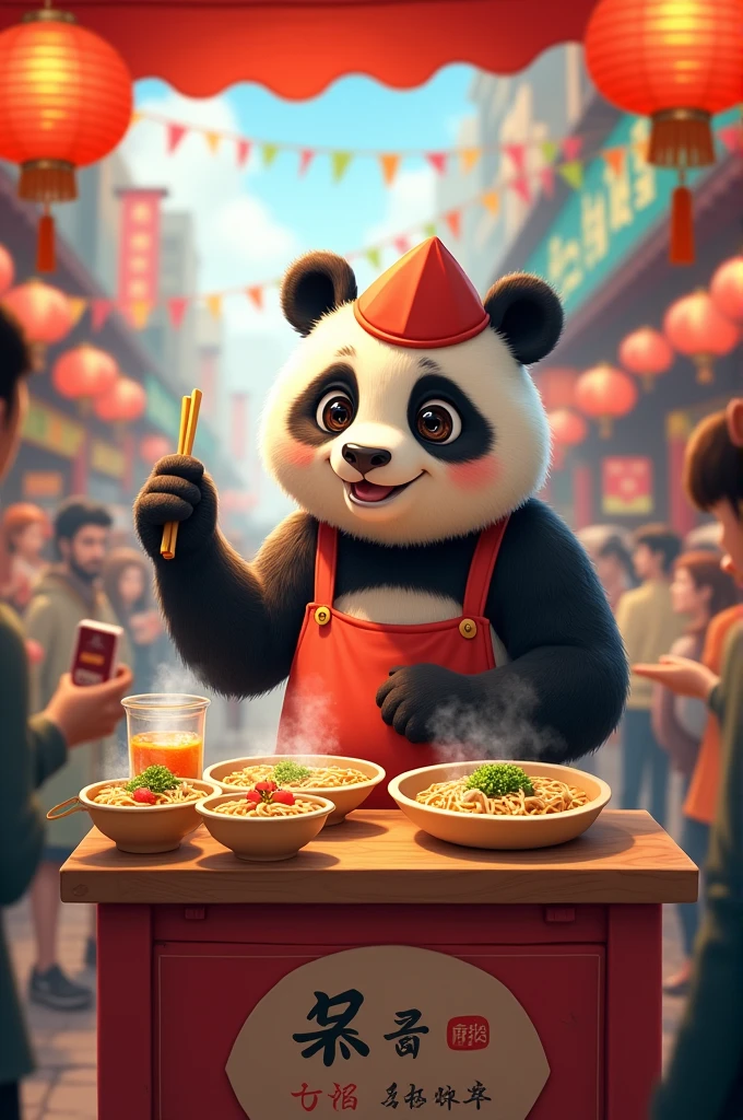 a panda selling chicken noodles