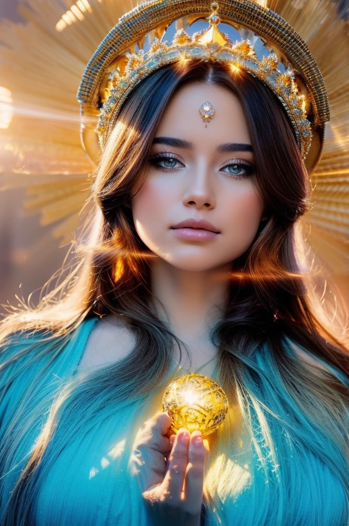 a beautiful woman with long flowing hair, intense gaze, intricate crown of sun rays, holding a glowing orb of light, ethereal, goddess-like, magical realism, dramatic lighting, vibrant colors, rich textures, photorealistic, award-winning digital art, 8k, highly detailed, cinematic composition