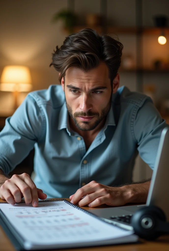 A man looks at the calendar; the date on the calendar is September 3. There is a laptop and headphones on the table nearby. Home environment. The man is wearing a shirt and jeans. Realistic photo