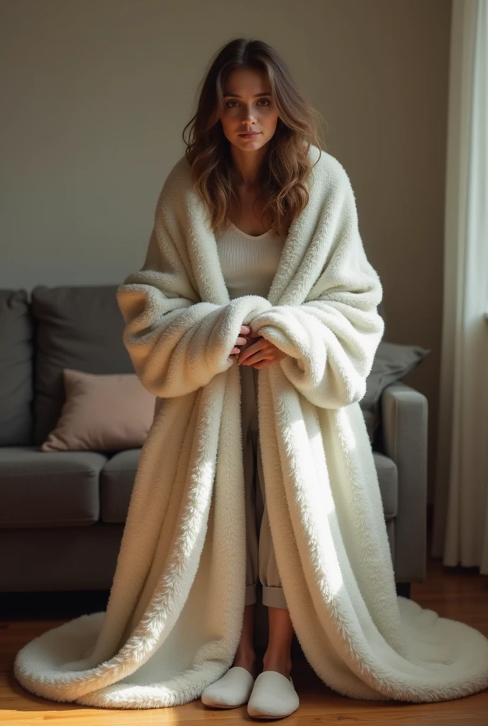 A woman in slippers stands in the living room, opening a flannel blanket with both hands. The blanket is so large that it covers the woman's body.