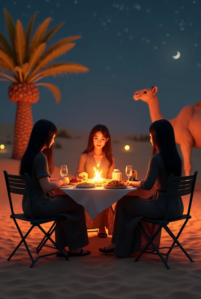 (photorealism:1.2), two 3 asian women, long black hair, wearing black polka dot dresses, wearing black sandals, sitting on folding chairs, folding table full of food, desert background, sitting camel, date palm, night time, campfire