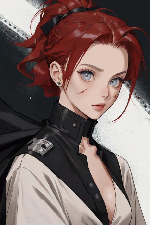 (high-quality, breathtaking),(expressive eyes, perfect face) anime, 1girl, female, solo, teenager, short ponytail length hair, red hair color, glowing hair, straight hair,  light grey eyes color, soft expression, black cloak, black shirt, fantasy warrior high-tech clothing, scars on her left face, space background, portrait, upper body, serious, beautiful hairstyle, soft makeup, , short ponytails