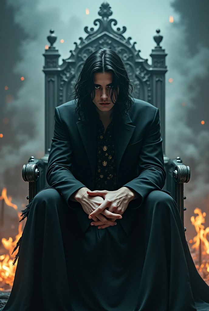 The picture is symmetrical, Symmetrical artistic double exposure style, Volumetric Lighting, Lean over,light depth, Dramatic mood lighting, Volumetric Lighting, Ghosting effect, Image combination,
(Practical, photoPractical),Handsome man sitting on the throne,Long Wavy Black Hair，Cover part of your face，Ultra wide angle，and Black flames spread around her from the center
(Black:1.2)
The girl is wearing a Hanfu made up of Black ghosts and skeletons. The Black ghosts and skeletons surround the girl, with Black flames burning and ghosts all around.