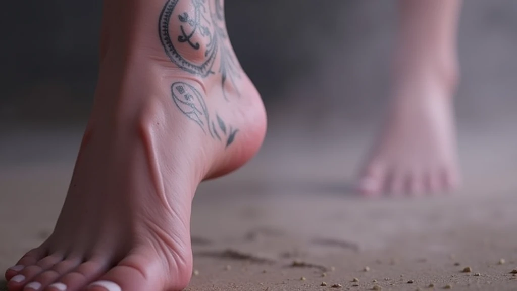 someone has their feet on the floor with a tattoo on their leg, very close up foot shot, extremely detailed giantess shot, very close up foot pov shot, detailed foot pov, macro giantess, her foot sticking out, highly detailed giantess shot, giantess, focus on his foot, feet art pov, mid view from below her feet, giantess shot
