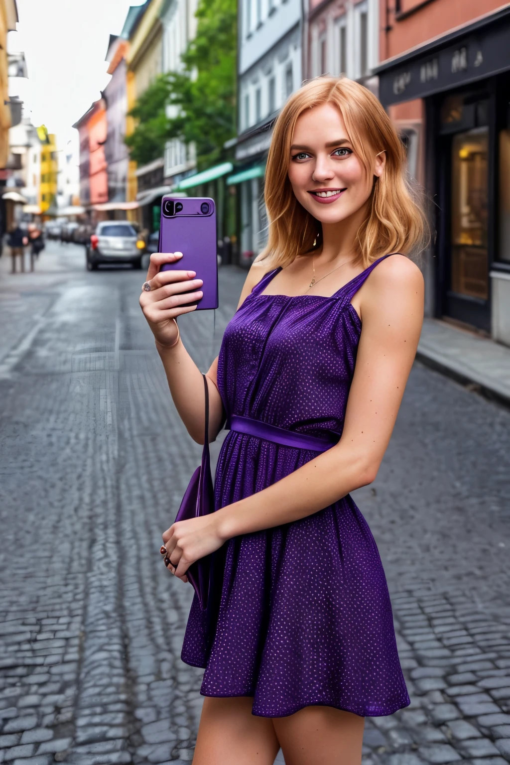 1 Swedish girl, cheap cell phone camera quality, alone, Southern Beauty, [Keira Knightley:0.8], dark strawberry blonde ((short)) balck hair, freckles, blue eyes, (Swedish face, Swedish body), 2, romper, (((arm selfie, upper body))), ((she wears: purple dress)), dynamic pose, sexly, seductive, smile, ((backdrop: Busy street)), romper, (((Infinite focus)))
