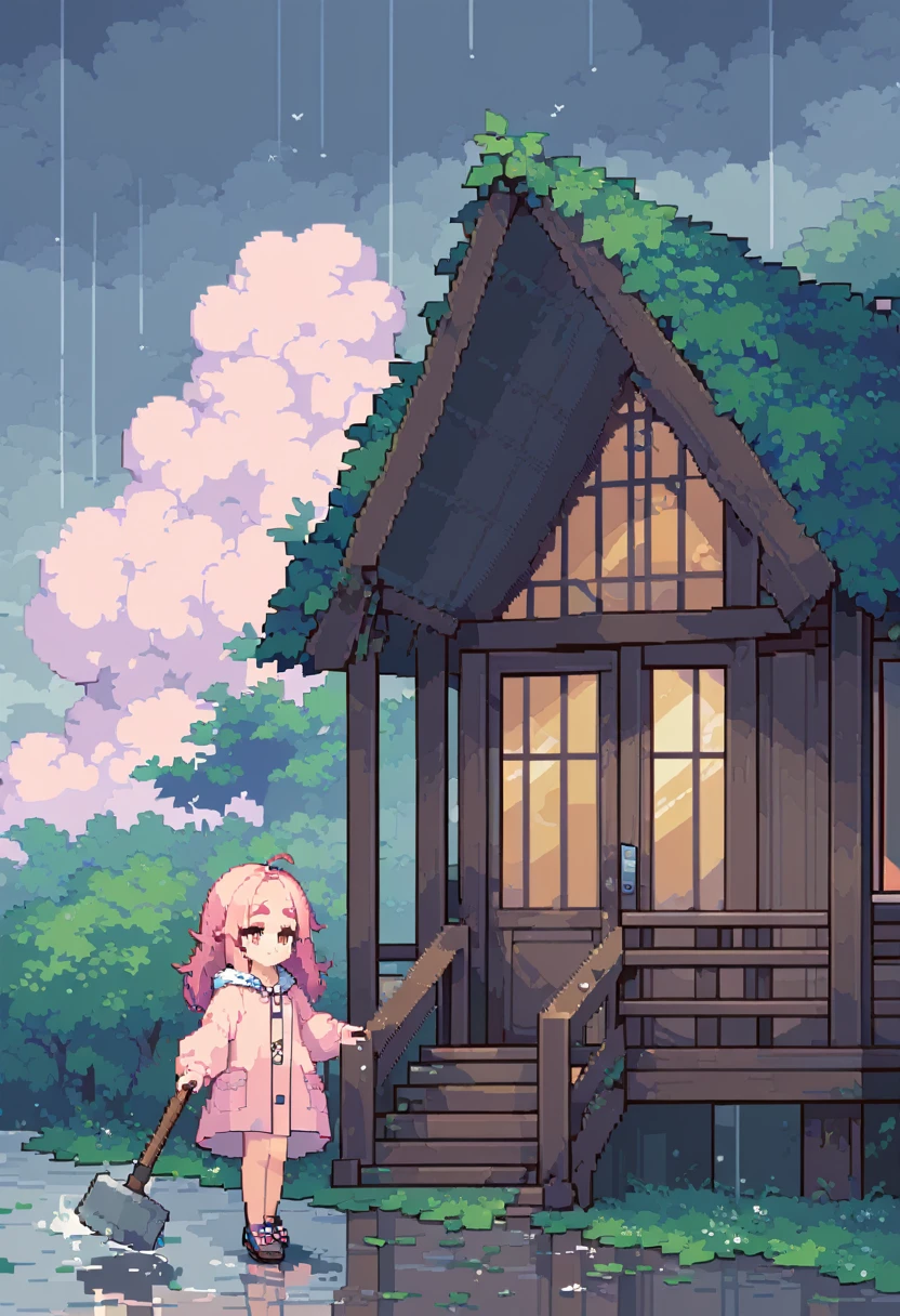 (((Highest quality, 8k, masterpiece: 1.3)), Beautiful pixel art, \One Woman, Pink Hair, Long Hair, Cotton candy hair, Fluffy hair, Thick eyebrows, Pink dress, Wearing a light blue raincoat, nail wooden boards to the windows of a house, With a hammer, Rainy Sky, Overcast sky, Strong winds:1.5, The leaves are waiting:1.3, Trees, The tree is leaning at an angle due to the wind:1.4, typhoon, Prairie House\