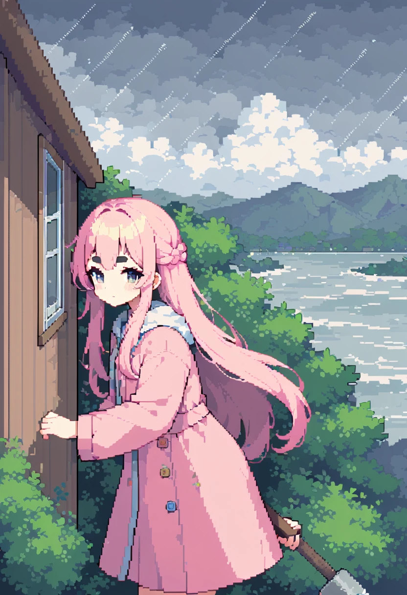 (((Highest quality, 8k, masterpiece: 1.3)), Beautiful pixel art, \One Woman, Pink Hair, Long Hair, Cotton candy hair, Fluffy hair, Thick eyebrows, Pink dress, Wearing a light blue raincoat, nail wooden boards to the windows of a house, With a hammer, Rainy Sky, Overcast sky, Strong winds:1.5, The leaves are waiting:1.3, Trees, The tree is leaning at an angle due to the wind:1.4, typhoon, Prairie House\