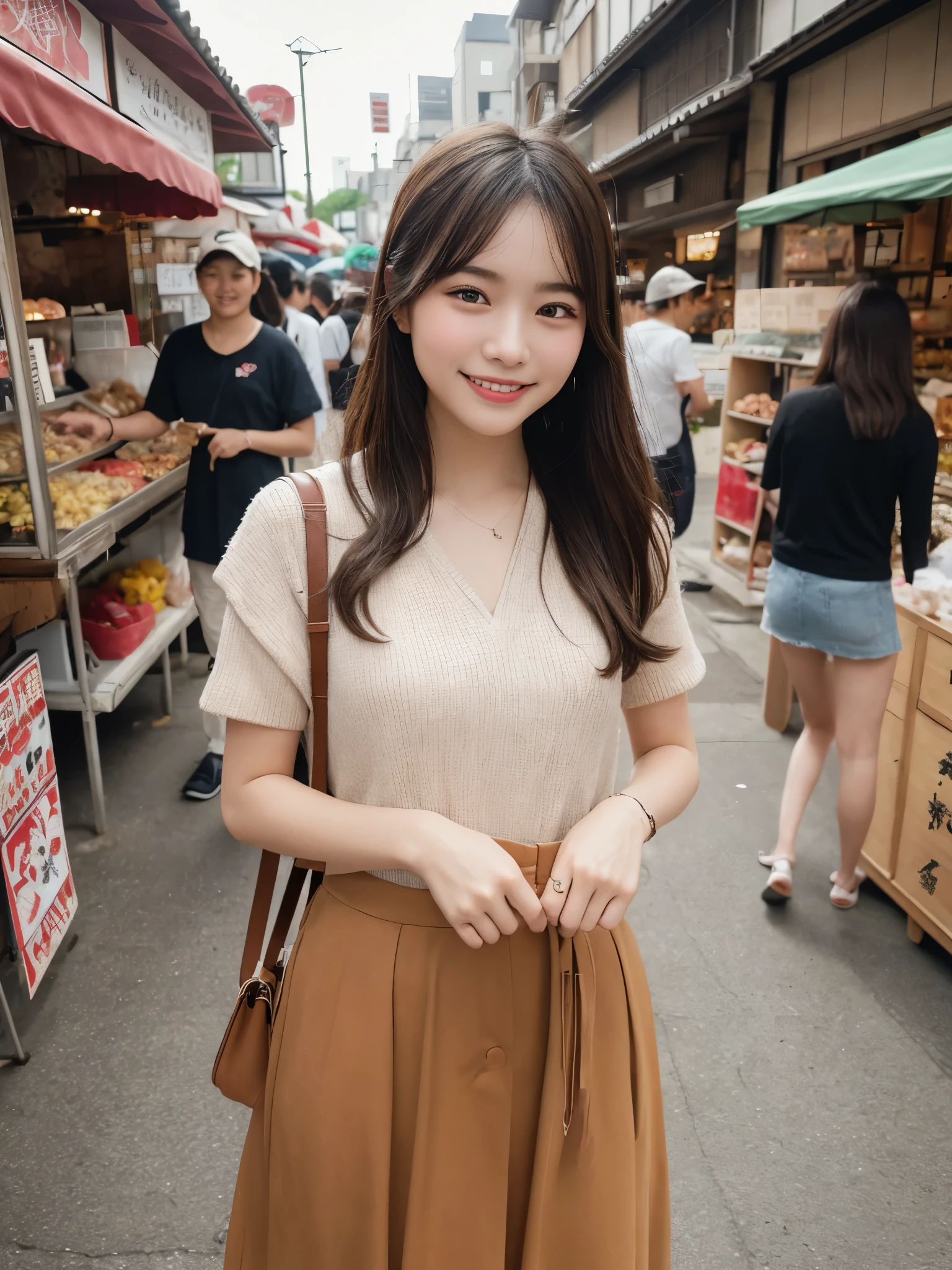 1girl, solo, highres, best_quality, masterpiece, detailed_background, intricate_details, beautiful, kanazawa, omicho_market, bustling, street_food, casual_clothes, smile, looking_at_viewer, dynamic_pose, natural_pose, candid, happy