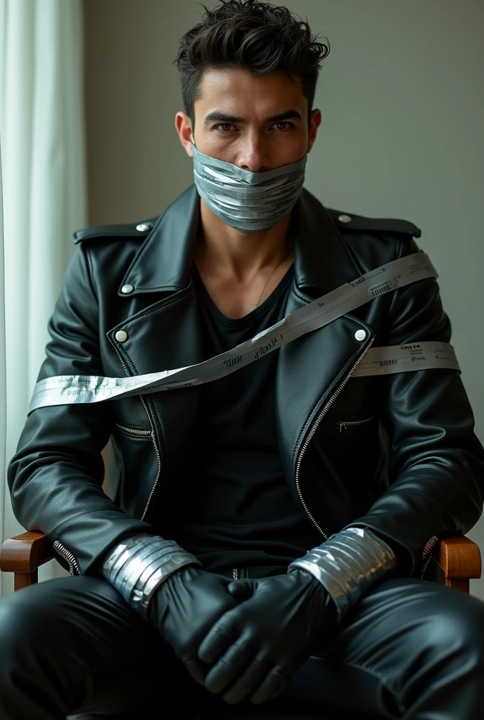 Man in black leather jacket , Black leather boots, Black long leather gloves, Brown eyes, 1, Shut your mouth, 银adhesive tape, adhesive tape, mouth tied with 银adhesive tape, arm tied with 银adhesive tape, leg tied with 银adhesive tape, Ultra HD, 4K, Soft Light, Chair Tie