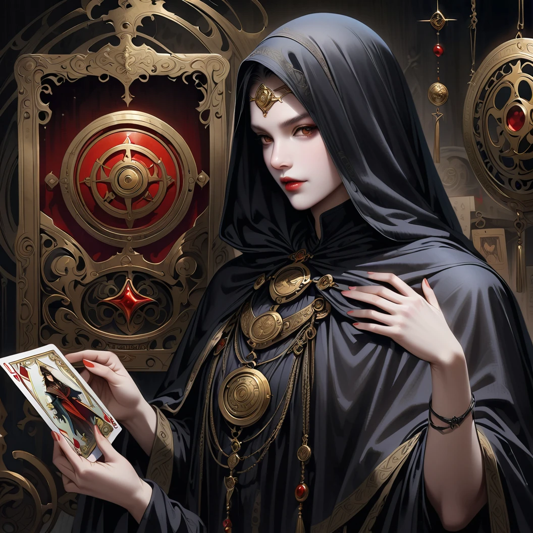 Astrologer,Metal photo frame,card,tarot cards:1.37.Mysterious fortune teller in cloak,Finger taps an array of tarot cards in the air,Mystical symbols and elements,Ancient mysterious atmosphere,Realistic illustration details,A work full of vitality and energy,Dark Style,Gothic style