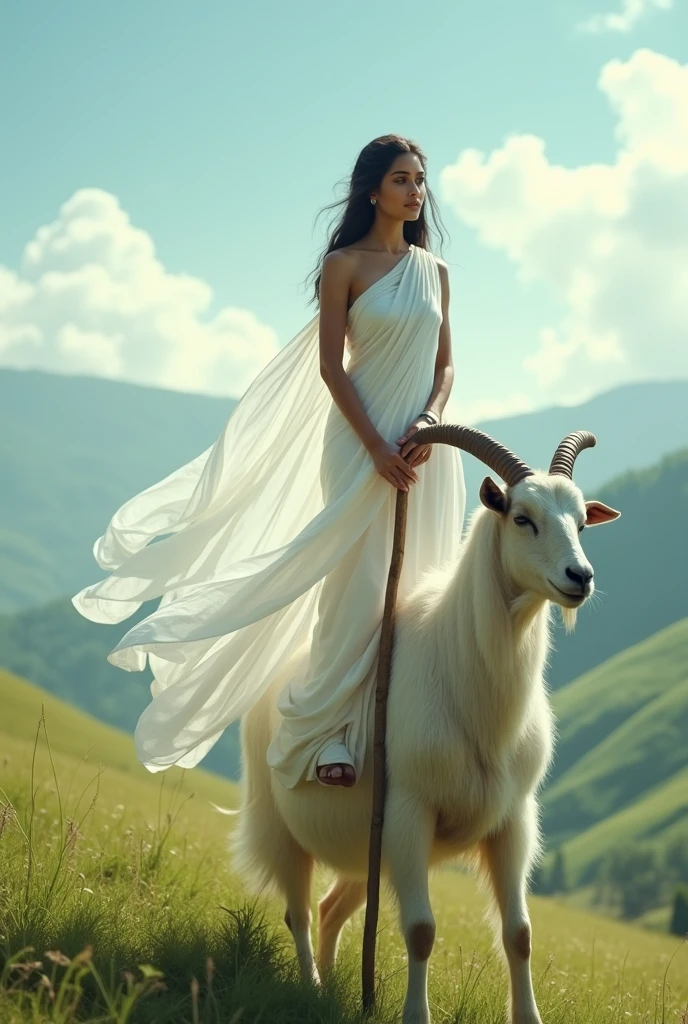 White saree women on goat goad
