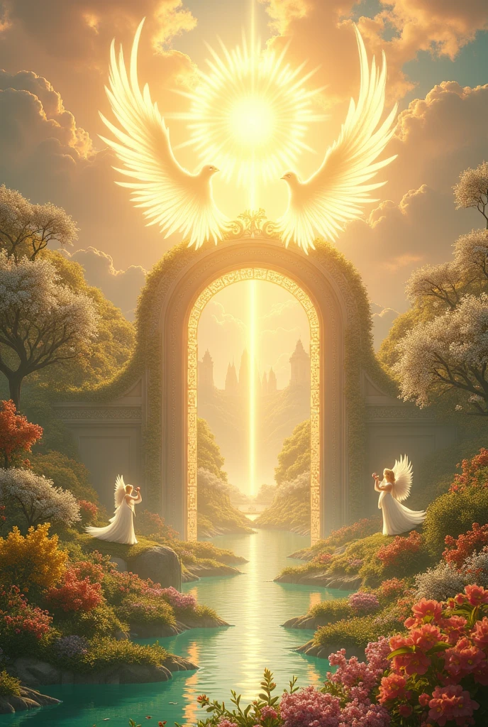 A breathtaking scene of heaven depicted as a serene, celestial landscape bathed in soft, golden light. The sky is filled with billowy, glowing clouds that seem to shimmer with a spectrum of pastel colors, including soft pinks, blues, and purples. The sun shines with a radiant glow, casting a warm, ethereal light over the entire scene.

In the foreground, there is a vast, lush garden with vibrant flowers of every color imaginable, arranged in harmonious patterns. Trees with silver and gold leaves sway gently in a calm, refreshing breeze. The trees are adorned with sparkling fruit, and their branches arch gracefully over pathways made of shimmering, crystalline material.

In the background, there are grand, ornate gates made of pure light, intricately designed with celestial patterns. Beyond the gates, an endless expanse of peaceful, rolling hills covered in velvety, emerald green grass stretches as far as the eye can see. Crystal-clear rivers and waterfalls flow gently through the landscape, their waters sparkling like diamonds under the heavenly light.

Angels with soft, glowing wings are gently floating above, their expressions serene and peaceful. They are dressed in flowing, white robes that seem to merge with the surrounding light. Some angels are playing harps and other celestial instruments, filling the air with a harmonious, tranquil melody. In the distance, a majestic, luminous city made of light and precious stones can be seen, with towers and spires reaching high into the sky, reflecting the golden light around them.

The overall atmosphere is one of absolute peace, love, and tranquility, where everything feels harmonious and in perfect balance, radiating a sense of eternal bliss.