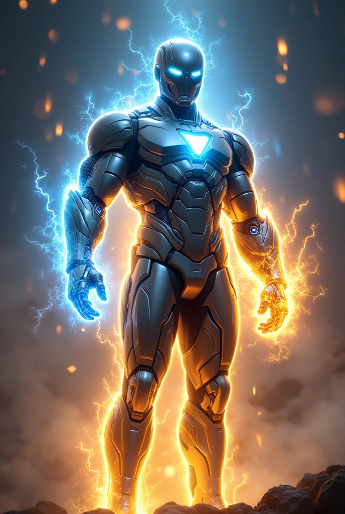 cosmic energy: When Emerson activates his powers, the armor emits an intense blue and gold glow. Lightning-like visual effects and energy waves surround your figure, highlighting his ability to manipulate speed and cosmic energy.transformation: During powerful transformations, the armor gains a more intense shine and appears almost ethereal, with an aura of golden and blue energy surrounding Emerson.