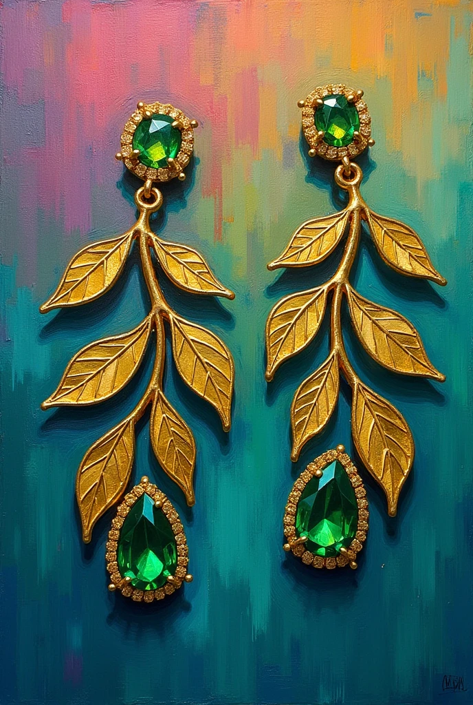 Acrylic painting where earrings are painted. Stem made of gold and 3 leaves outlined in gold from green stones, the stones are small, the stones are facing upwards , 3 stones around the stem made of gold in pentagonal shapes
