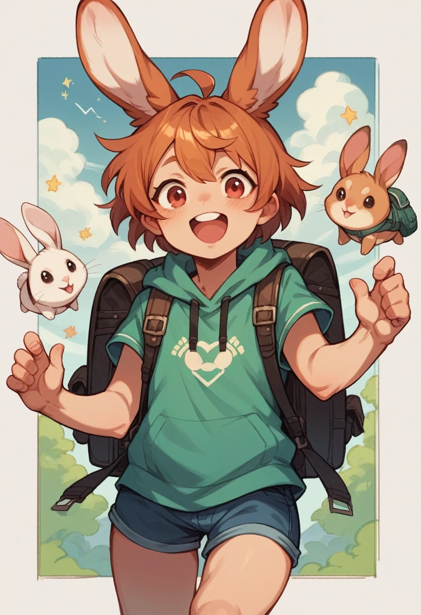 Image: Picture of a cheerful, brave rabbit with a small backpack