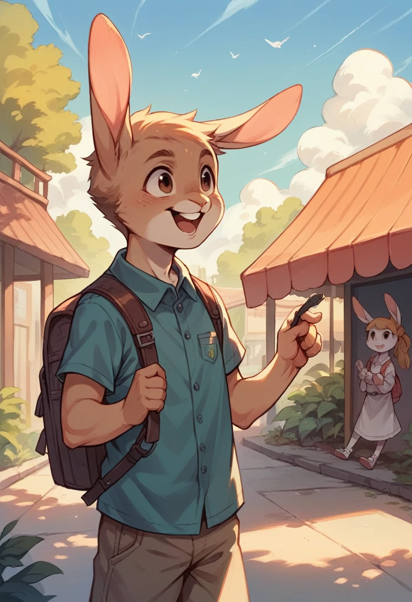 Image: Picture of a cheerful, brave rabbit with a small backpack
