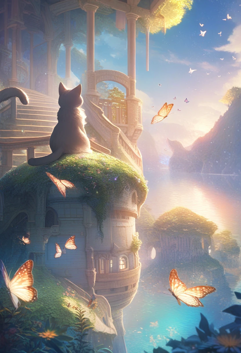 ((Masterpiece)), ((Best Quality)), (Very Detailed), ((Very Detailed)), 4K, (8K), very aesthetic, absurdres highres, 1 woman, (anthropomorphic cat, furry, kemono:1.5), On an island floating in the sky, a fluffy cat plays with mysterious butterflies while being illuminated by soft light, and a fantasy world with floating clocks and melting landscapes spreads out.
