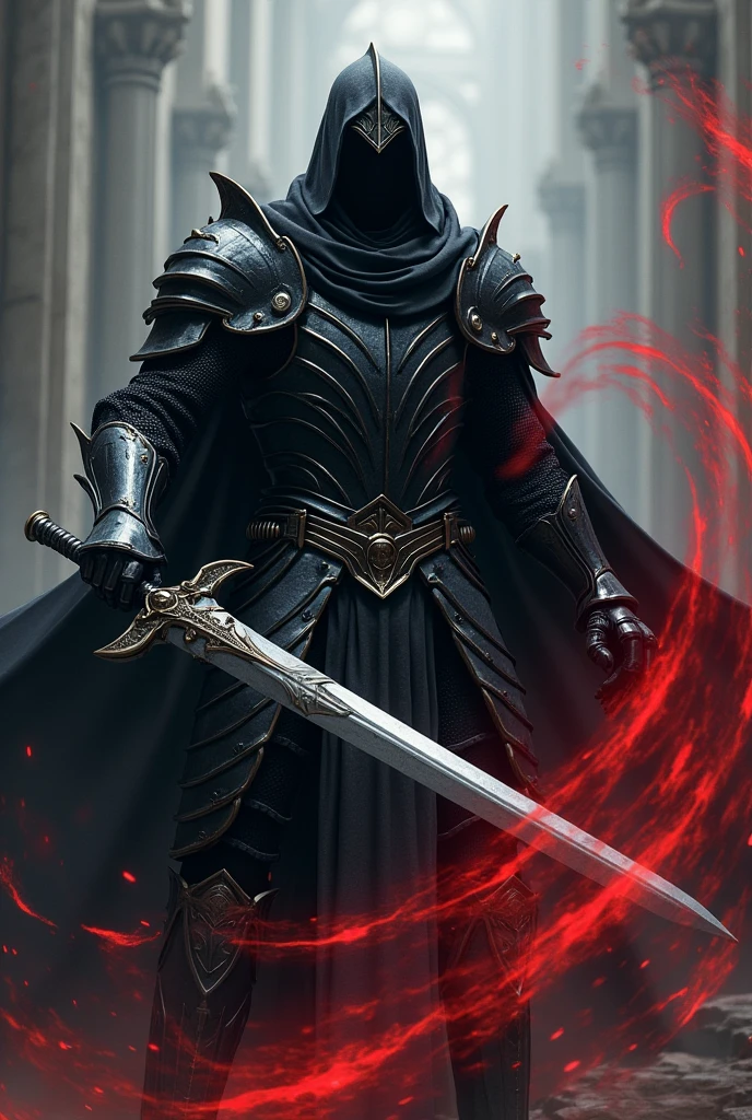 The knight wore black armor and a helmet, and was swinging his sword emitting a black and red aura