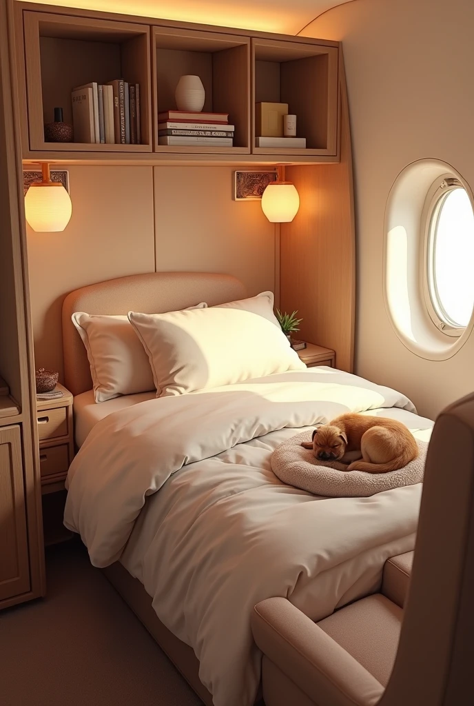 Generates an image of a room on a plane that has a single bed and a dog bed