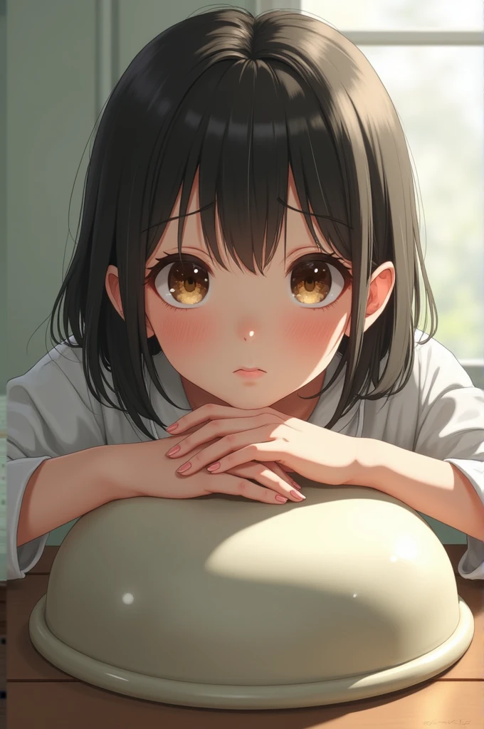 Une fille anime réaliste 2d qui pose ses sur un couvercle