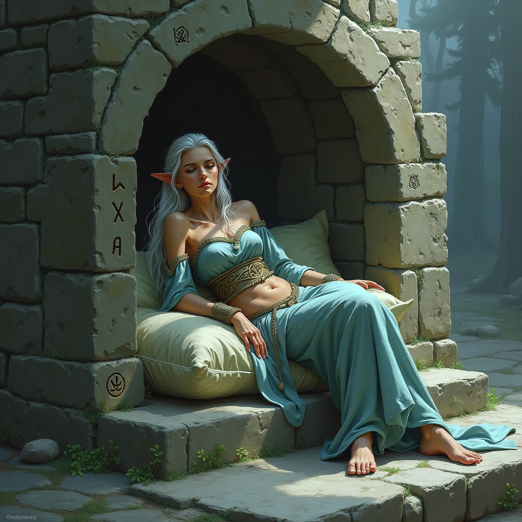 A weary elven sorceress rests peacefully in a magically constructed stone shelter、Dungeons&Dragons