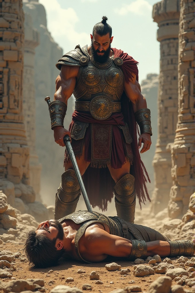 A man crushing his enemy totally in ancient