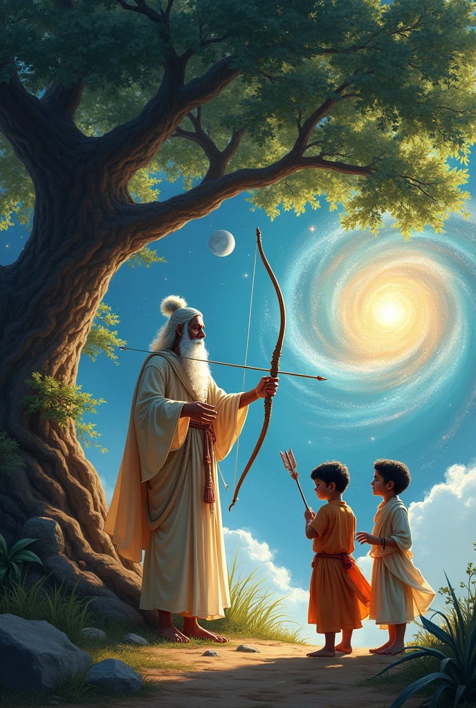 Bhagwan valmiki teaching archery to kid luv 
and  kush under the tree in cosmic background 