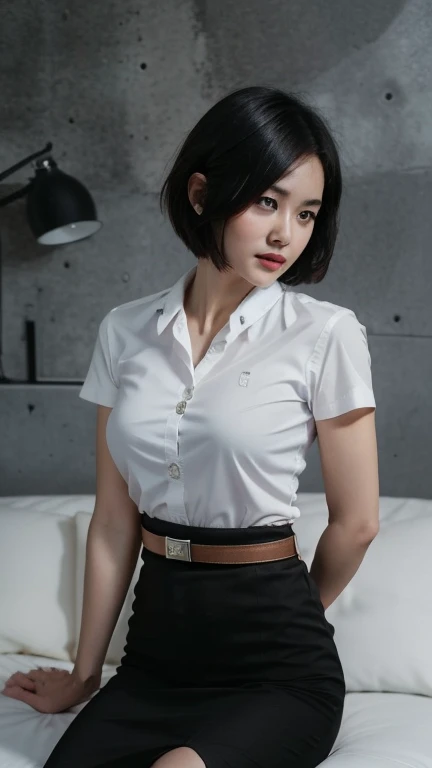 Pretty thai woman short hair  , (8k, best quality, masterpiece, ultra highres:1.2) Photo of Pretty thai woman beautiful, beautiful enchanting fashion contemporary painting with , (1girl), (white shirt short sleeves), ((black pencil skirt)), belt , realistic skin texture , round chin, 85 mm art lens, f 1. 2, sharp focus, 8 k high definition, insanely detailed, intricate, elegant , big breasts , black skirt 