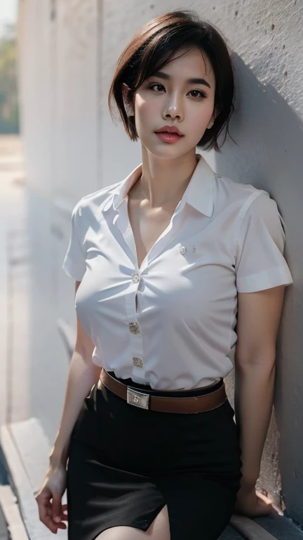 Pretty thai woman short hair  , (8k, best quality, masterpiece, ultra highres:1.2) Photo of Pretty thai woman beautiful, beautiful enchanting fashion contemporary painting with , (1girl), (white shirt short sleeves), ((black pencil skirt)), belt , realistic skin texture , round chin, 85 mm art lens, f 1. 2, sharp focus, 8 k high definition, insanely detailed, intricate, elegant , big breasts , black skirt 