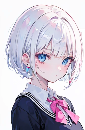 Anime, girl, teenage, short hair, white hair, plae blue eyes, cool, earrings, high school girl, pinkish white skin,